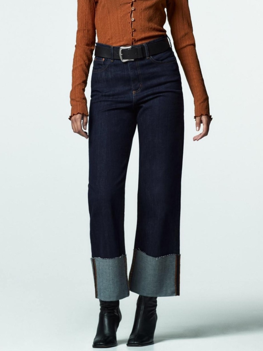 ZARA SIZE 14 folded up wide leg navy blue jeans jean